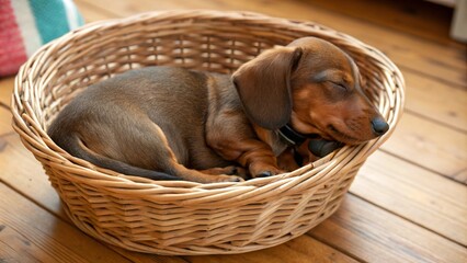 Dachshund puppy in a basket, cozy and adorable pet moment.