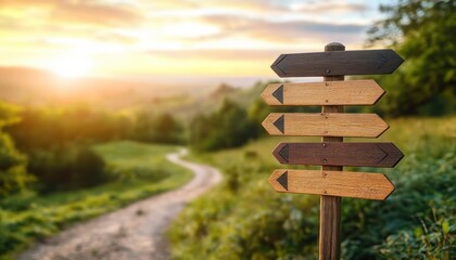 Wooden Signpost with Direction Arrows on Rustic Village Path Surrounded by Green Landscape and Morning Light