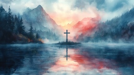 Obraz premium A cross in the middle of a lake, captured in colorful watercolor for a religious and serene scene