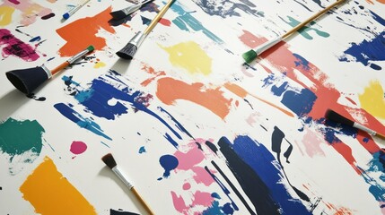 Colorful paint splatters and paintbrushes on white surface.