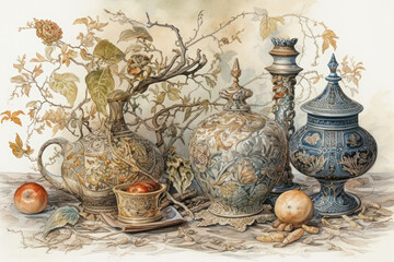 elegant still life, done in watercolor style. In the center of the composition are several exquisite ceramic and metal vessels, decorated with complex patterns and ornaments. 