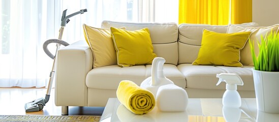 Clean living room with yellow pillows, cleaning supplies, and vacuum.