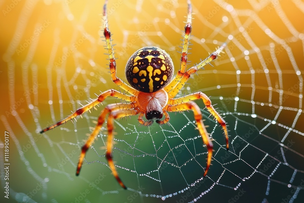 Wall mural detailed close-up of a spider on its web glistening in soft sunlight displaying intricate patterns a