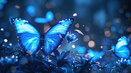 Stunning blue butterflies gracefully fluttering over blooming flowers in a magical nighttime garden, surrounded by soft glowing lights.