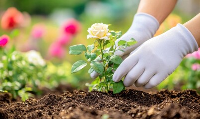 A person in gloves plants a young rose sapling into rich soil, surrounded by colorful flowers in a vibrant garden setting.