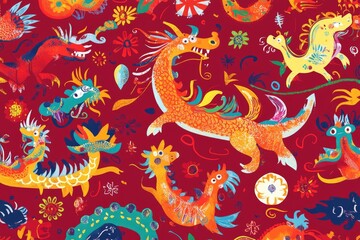 Vibrant Dragons Dance Joyously Amidst Blossoms, A Whimsical Fantasy Art Creation.
