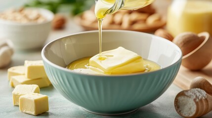 A bowl of melted butter with oil being poured in, surrounded by nuts, conveying a cozy cooking atmosphere.