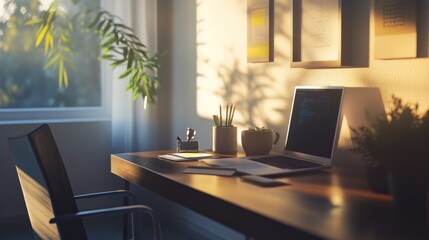 Fototapeta premium Sunlit home office workspace with laptop, plants, and stationery.
