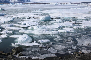 Ice formations floating in a cold glacial lagoon in Iceland.