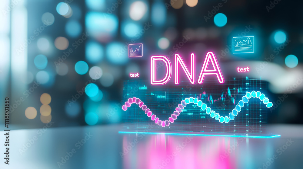 Poster Visualization of DNA data analysis with vibrant neon colors in a modern laboratory setting,  Perfect for background use in videos and projects