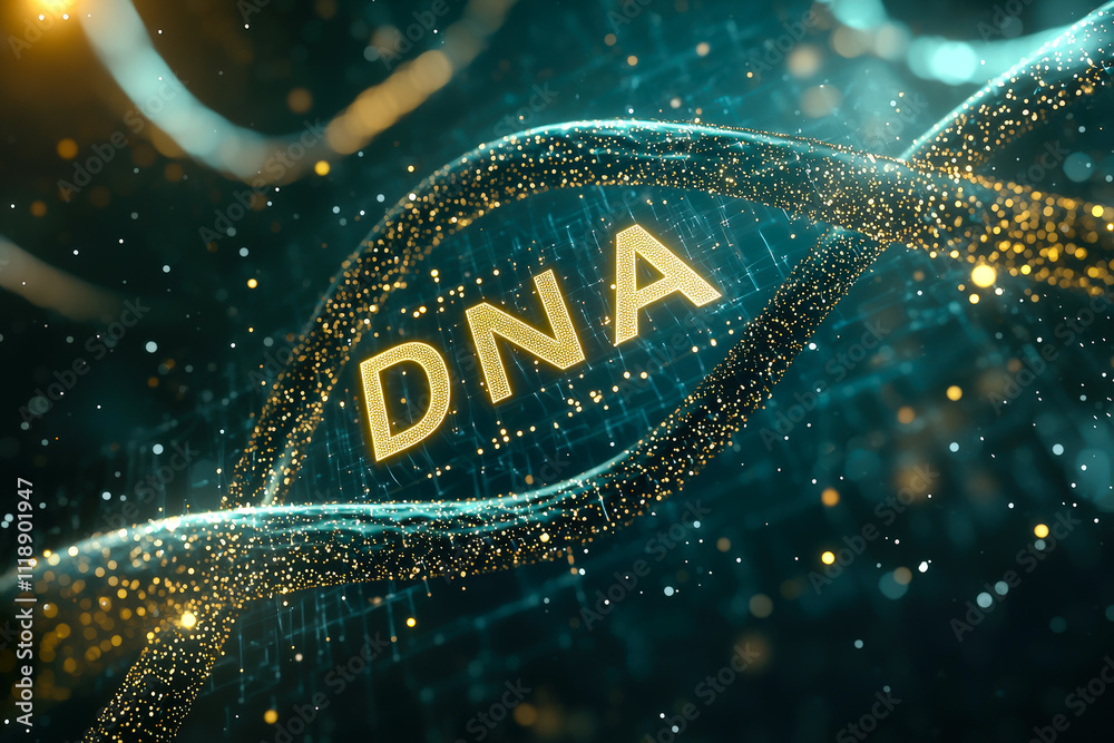 Poster Vibrant representation of DNA strands with a glowing effect illustrating genetic structures and information