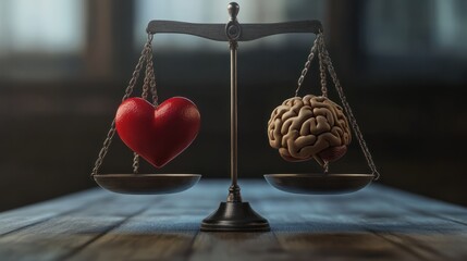 Shot of a balance scale weighing a heart and a brain, symbolizing the balance between emotion and logic.