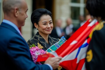 A warm greeting at a diplomatic meeting. The vibrant colors of the flags reflect a moment of cultural exchange. Her smile symbolizes hope for stronger relations. Generative AI