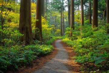 Fototapeta premium Serene forest trail with sunlight filtering through tall trees and lush greenery