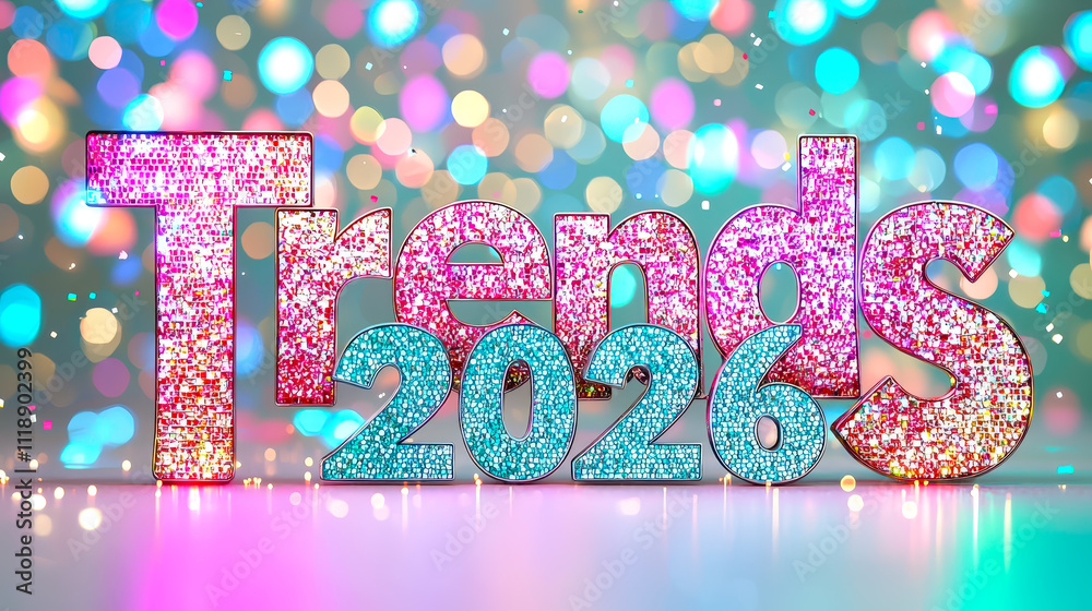 Aufkleber Trends 2026 display in sparkling colors against a blur of colorful lights in a festive setting
