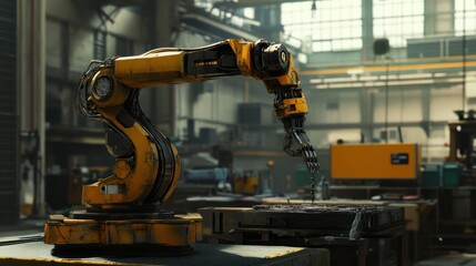 Within an industrial building, a robotic machine and a human collaborate. The mechanical arm is used to fuse metal parts together.
