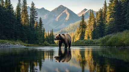 A brown bear standing in the middle of a river, with a forest and mountain background