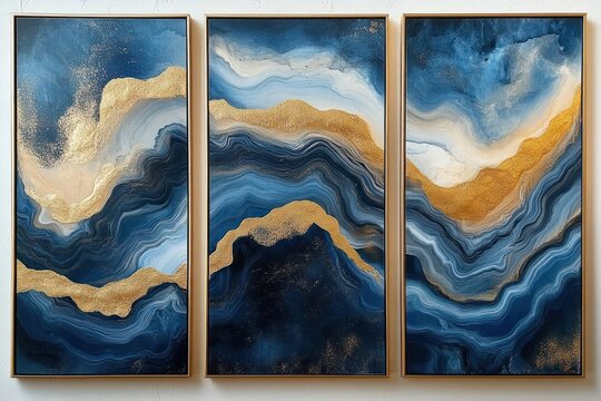 Abstract Fluid Art Triptych with Blue and Gold Swirling Patterns in 8x12 Frames