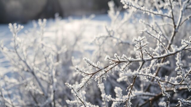 Frozen twigs covered in hoarfrost glistening in the winter sun, with a sun flare in the background, cold, sparkling - Powered by Adobe