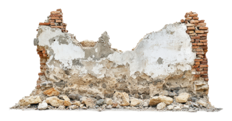 Crumbling brick wall exposed to the elements, cut out - stock png.