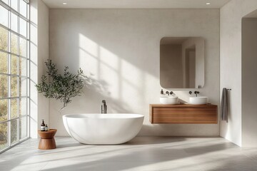 Minimalist Scandinavian Bathroom with Freestanding Tub Wooden Accents Large Windows Natural Light Luxury