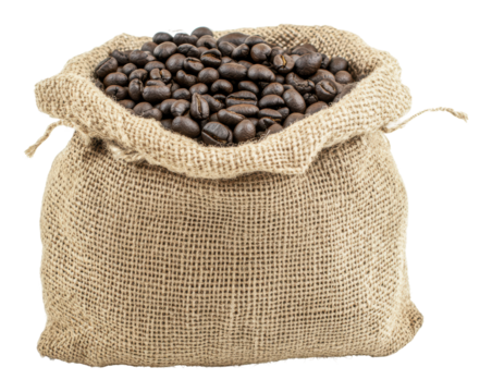 Coffee beans in a burlap sack indicate freshness, cut out - stock png.