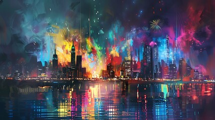 Fototapeta premium Fireworks illuminating a night sky over a modern city, reflected on a river, vibrant colors