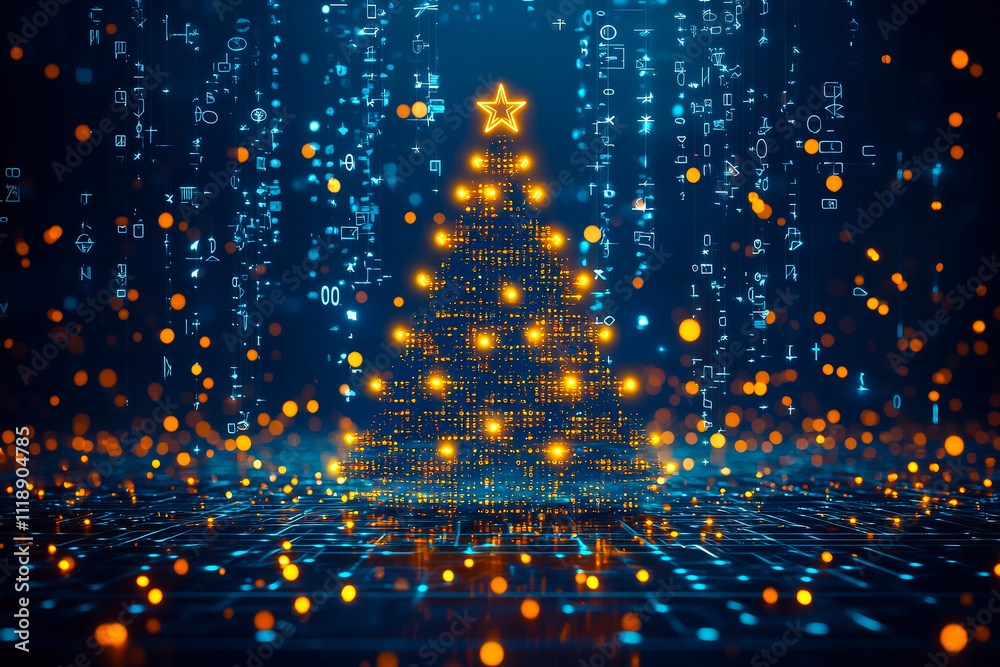 Leinwandbilder digital christmas tree illuminated with bright lights and surrounded by glowing particles in a dark 