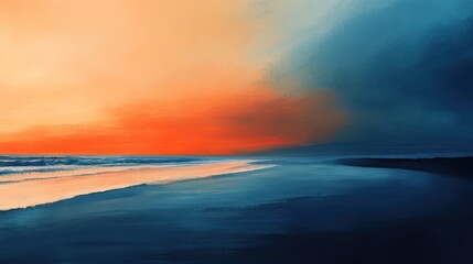 A beach scene with the sky fading from orange to indigo
