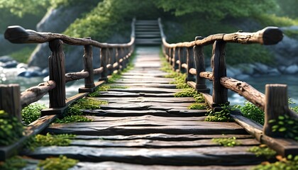 Obraz premium Charming Rustic Wooden Bridge Over a Stream Surrounded by Lush Greenery and Sunlit Natural Beauty