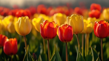 A field of tulips, with petals transitioning from yellow to red.