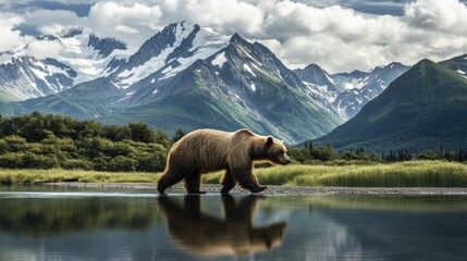 brown bear walks on the water of Lake with snow-capped mountains in the background