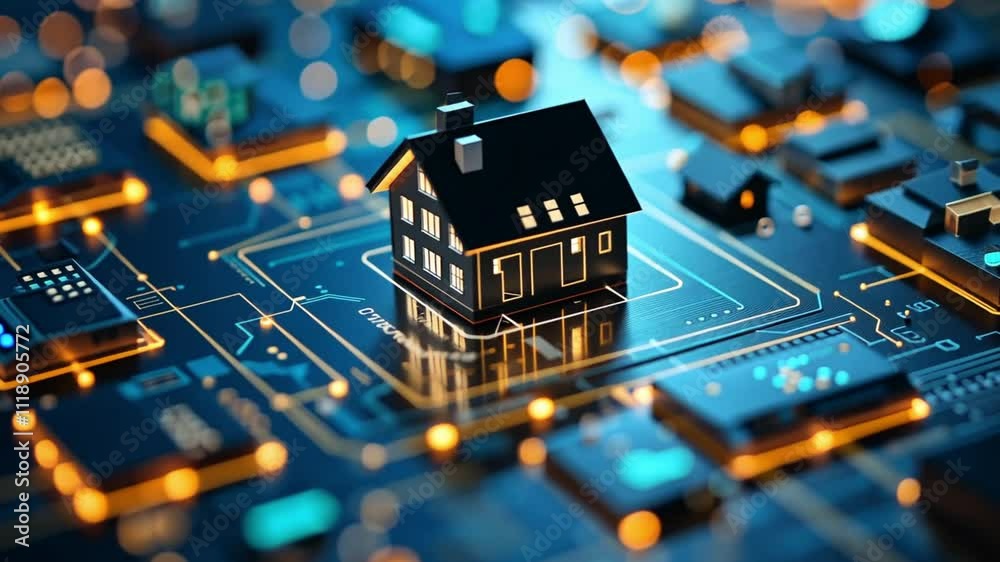 Poster a detailed representation of a small house placed on a vibrant circuit board, highlighting the blend