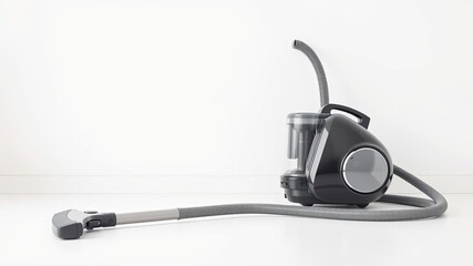 A sleek vacuum cleaner sits alone on a pristine white surface its metallic body gleaming in the light, cleaning device, white background