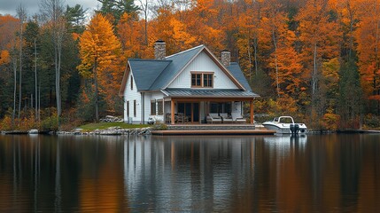 Fototapeta premium A lakeside house with white vinyl siding and a dock, with a boat parked nearby, set against a peaceful backdrop