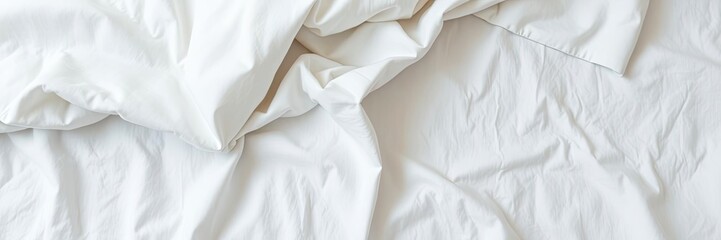 Close-up shot of a female hand holding a freshly ironed white bed sheet with smooth creases and a crisp texture, fabric folds, home textiles