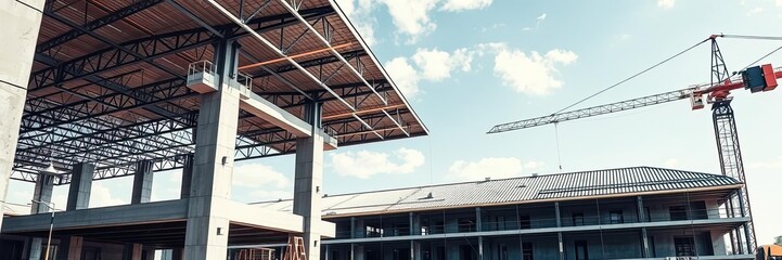 Obraz premium Construction engineers standing on a new concrete floor top of a building roof with a crane in the background, concrete floor, structural integrity