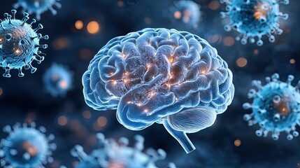 Obraz premium A light blue human brain is surrounded by cartoon-style corona virus particles, illustrating the impact of the virus on the nervous system