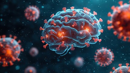 A light blue human brain is surrounded by cartoon-style corona virus particles, illustrating the impact of the virus on the nervous system