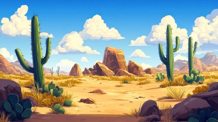 A cartoon vector illustration of an old western desert with cacti and rocks, wild west background style