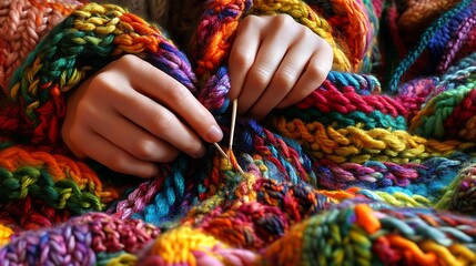 Obraz premium A close-up of hands knitting a colorful scarf, with yarn and needles nearby, illustrating a cozy crafting activity 