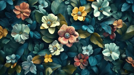 A beautiful fantasy vintage flower wallpaper with color variation made from a 3d model of flowers and leaves