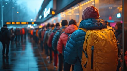 Obraz premium A long line of travelers waiting at an airport, captured in a cinematic, bokeh-style photo