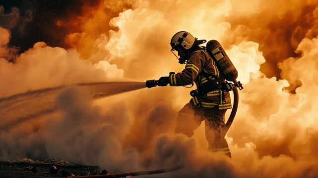 A firefighter works tirelessly to extinguish a massive blaze, surrounded by billowing smoke and a backdrop of vibrant flames. The urgency of the situation highlights their bravery.