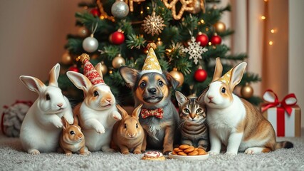 Furry pets including dogs, cats, and rabbits gather under a decorated tree to celebrate the new year, wearing festive hats and sharing treats, together, decorated