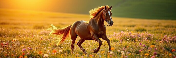 Obraz premium Majestic warmblood horse runs freely on a lush green field in the warm summer sun, athletic build, horses