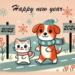 Fototapeta premium a picture of a cat and a sign that says happy new year