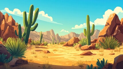 A cartoon vector illustration of an old western desert with cacti and rocks, wild west background style