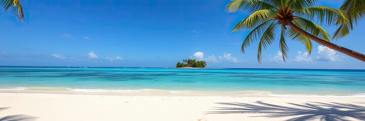 Warm sandy beach with crystal-clear turquoise water and a lush tropical island in the background, beach, nature