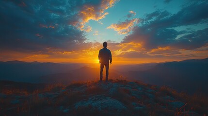 Fototapeta premium A man standing on a mountaintop at night, under a dramatic sky filled with clouds